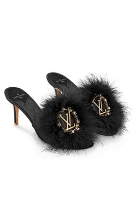 LV black fur heels