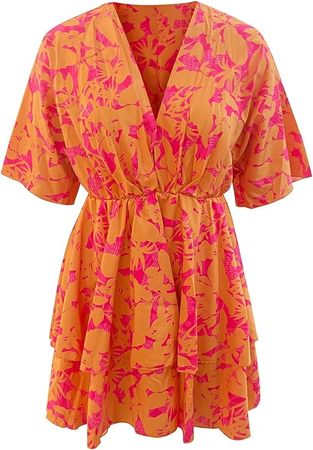 Summer Dresses for Women 2024 Fashion Boho Floral Printed Beach Dress Flowy Ruffle 3/4 Sleeve Button Down Kimono Mini Dress at Amazon Women’s Clothing store