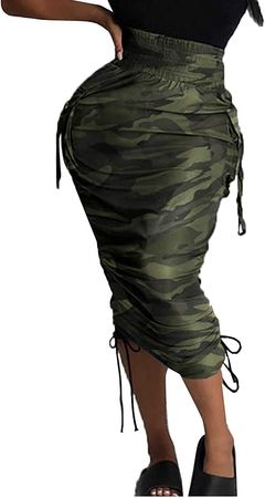 Amazon.com: Vakkest Women's Maxi Skirt Camo Printed Dress Elastic Waist Hem Stretch with Pocket Ruched Midi Skirt : Clothing, Shoes & Jewelry