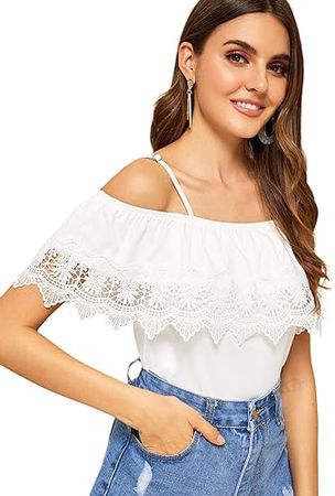 SweatyRocks Women's Spaghetti Strap Cold Shoulder Tops Short Sleeve Lace Trim Shirt Blouse at Amazon Women’s Clothing store