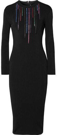 Crystal-embellished Ribbed Stretch-knit Midi Dress - Black
