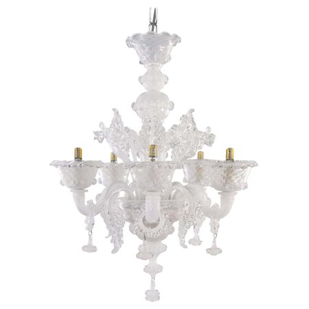 Artistic Rich Chandelier 5 Arms Clear and White Silk Murano Glass by Multiforme
