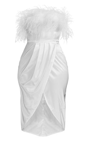 White Feather Trim Bandeau Wrap Midi Dress | PrettyLittleThing USA