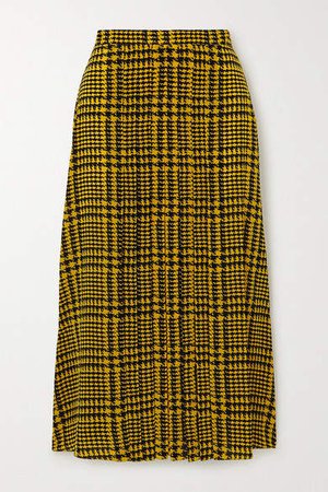 Pleated Houndstooth Silk Midi Skirt - Yellow