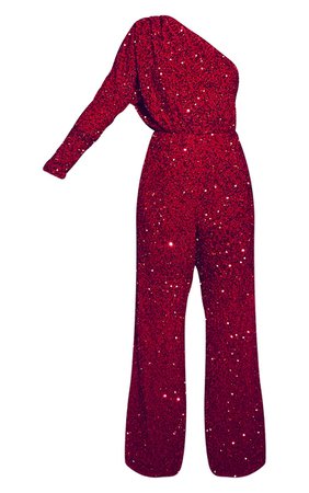 Red Premium Velvet Sequin One Shoulder Jumpsuit | PrettyLittleThing USA