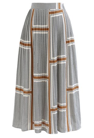Brown Grid Arrow Chain Pleated Skirt - Retro, Indie and Unique Fashion