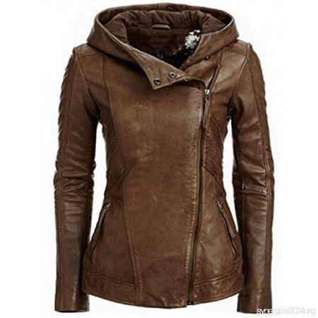 Withchic Stylish Retro Hooded Long Sleeve Solid Color Women Faux Leather Jacket