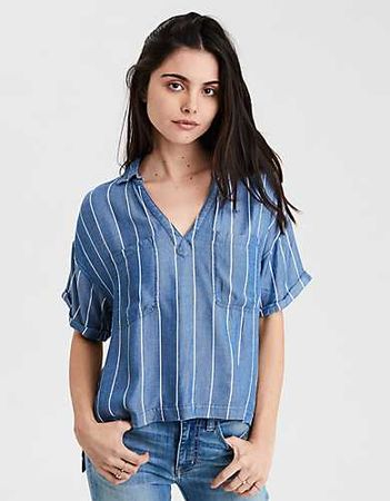AE Drapey Popover Top, Powder Blue | American Eagle Outfitters