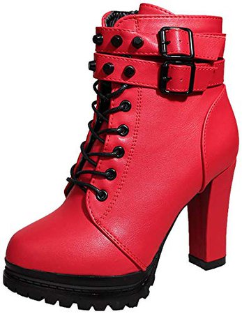 Outtop(TM) Womens High Heel Martain Boots Ladies Leather Lace-Up Solid Color Round Toe Short Booties Shoes