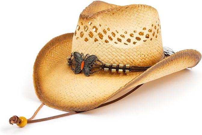 TOVOSO Straw Cowboy Hat for Women and Men with Shape-It Brim, Western Cowboy Hat, Butterfly - Tea Stain at Amazon Men’s Clothing store