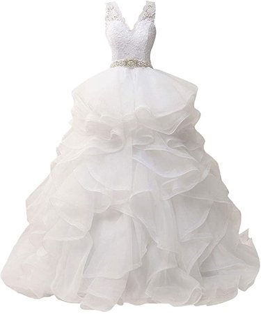 Amazon.com: Wedding Dress for Bride Ruffles Bridal Dresses with Belt Wedding Gown Lace Bride Dresses V Neck White: Clothing