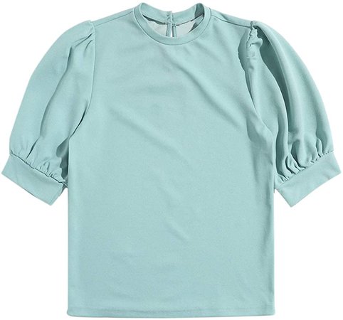 SheIn Women's Puff Sleeve Casual Solid Top Pullover Keyhole Back Blouse Mint Blue Medium at Amazon Women’s Clothing store