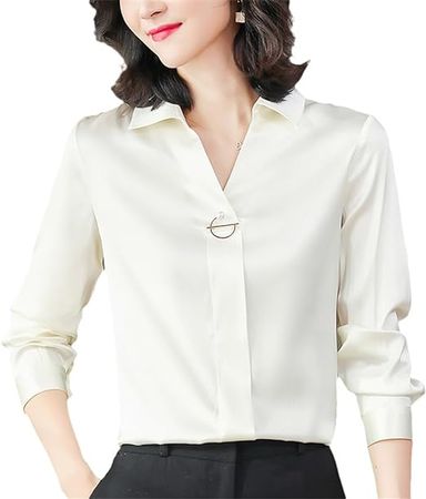 Women's Shirts V-Neck Blouses Spring Summer Long Sleeve Woman Shirt Solid Tops Real Silk Office Lady Blouse at Amazon Women’s Clothing store
