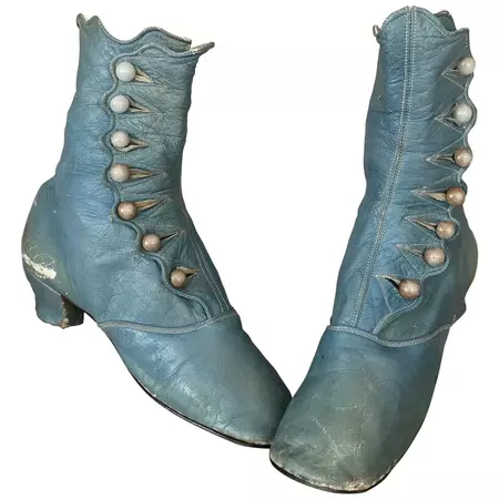 Antique Victorian Blue Leather Girls Boots Shoes Milk Glass Buttons - Ruby Lane