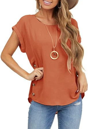 Limerose Women's Short Sleeve Tops Crew Neck Side Button Shirts Casual Loose Fit T-Shirt Orange at Amazon Women’s Clothing store