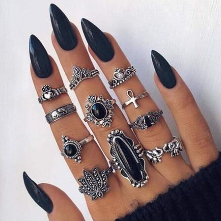 Amazon.com: Ludress Vintage Crwon Mid Rings Set Silver Bohemian Elephant Knuckle Rings Black Gems Nail Rings Set for Women and Girls(Pack of 11): Clothing, Shoes & Jewelry