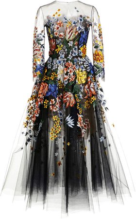 Oscar de la Renta Floral-Embroidered Tulle Midi Dress