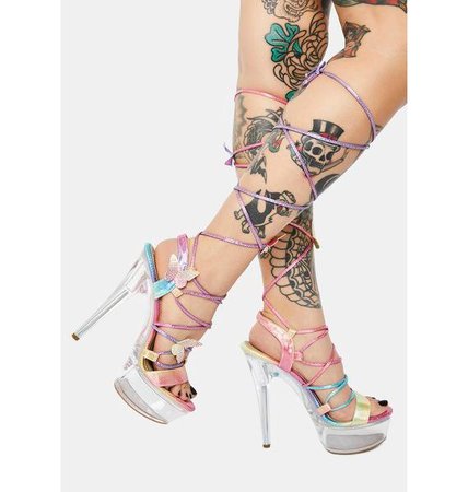Clear Open Toe Lace Up Butterfly Platform Heels - Rainbow | Dolls Kill