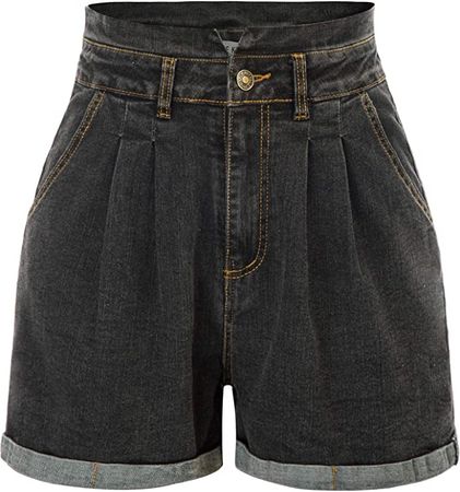Women's Vintage Denim Shorts High Rise Pleated Stretchy Folded Hem Short Jeans Black M at Amazon Women’s Clothing store