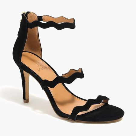 Three-strap scalloped suede heels