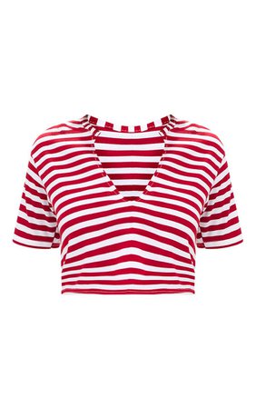 Red Stripe V Neck Crop T Shirt | Tops | PrettyLittleThing USA