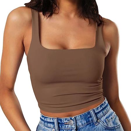 Artfish Women's Sleeveless Strappy Seamless Crop Tank Tops Square Neck Workout Fitness Basic Cropped Camis (Mocha Brown, S) at Amazon Women’s Clothing store
