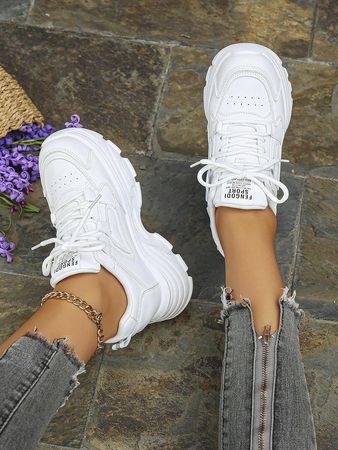 Women's Platform Chunky Sneakers, Comfortable Fashionable Elevator Shoes With White Color For Daily Wear | SHEIN USA