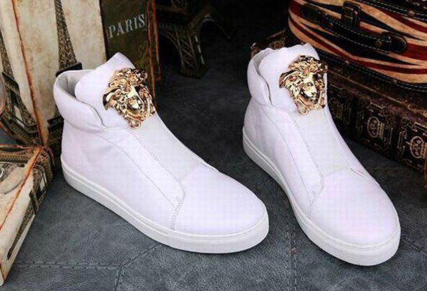 shoes, versace, medusa, versace sneakers, high top sneakers, white sneakers - Wheretoget