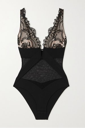 Black Questa Sera embroidered tulle, lace and stretch-jersey bodysuit | I.D. Sarrieri | NET-A-PORTER