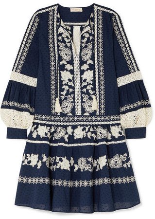 Boho Crochet-trimmed Embroidered Swiss-dot Cotton Mini Dress - Navy