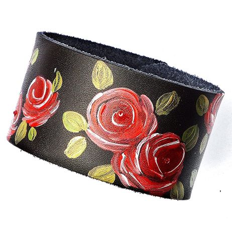 Amazon.com: Womens Adjustable Wide Black Leather Cuff Bracelet with Hand Painted Red Roses and Sparkling Crystal Rhinestones : Handmade Products