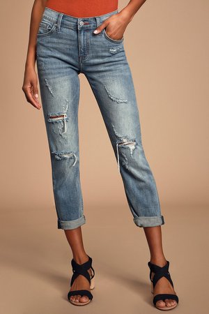 Cropped Medium Wash Jeans - Distressed Jeans - Boyfriend Jeans