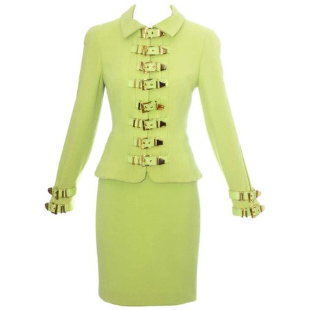 Gianni Versace lime green wool and leather buckle bondage skirt suit, fw 1992 at 1stdibs