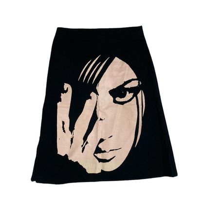 Cyber Y2k black midi skirt Beige Prints of a woman... - Depop