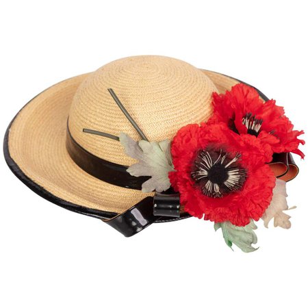 Yves Saint Laurent Straw and Black Patent Leather Red Poppy Flower Hat, 1970s For Sale at 1stdibs