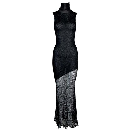 John Galliano, Sheer Black Knit Sleeveless High Neck Long Dress