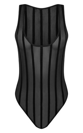 Black Mesh Stripe Detail Scoop Neck Bodysuit | PrettyLittleThing