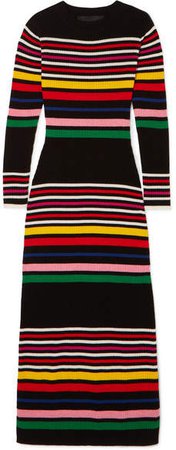 Striped Ribbed Wool Midi Dress - Black