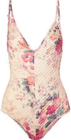Laelia Pintucked Floral-print Swimsuit - Cream
