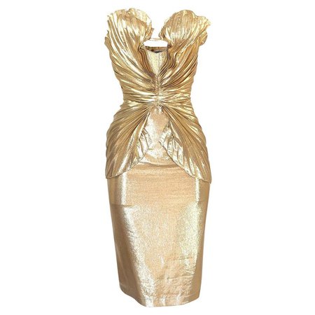 Rare Spring 1985 Thierry Mugler Bombshell Pleated Gold Lurex 'Shell' Dress For Sale at 1stdibs