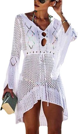Bsubseach Women Sexy Crochet Hollow Short Beach Tunic Dress V Neck Flare Sleeve Bikini Swimwear Cover Up White