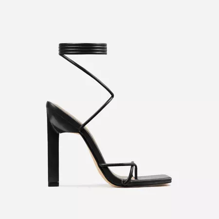 Into-You Lace Up Square Toe Sculptured Block Heel In Black Faux Leather | EGO