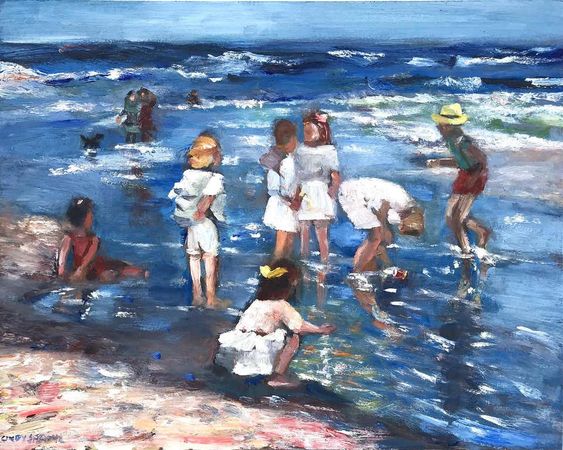 Cindy Shaoul - "Playing at the Beach" Impressionistic Beach Scene Oil Painting on Panel For Sale at 1stDibs