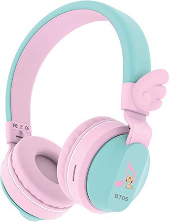 Amazon.com: Kids Headphones, Riwbox BT05 Wings Foldable Headphones Wireless Bluetooth Over Ear 85dB/103db Volume Control Wireless Headphones with Mic/TF Card Compatible for iPad/iPhone/PC/Kindle (Pink Green): Home Audio & Theater