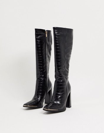 Simmi London Melisa knee boots in with metal plating in black croc | ASOS