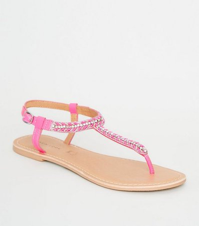 Bright Pink Leather Strap Diamanté and Bead Sandals | New Look