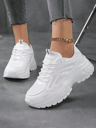 Sporty Sneakers For Women, Minimalist Lace-up Front Chunky Sneakers | SHEIN