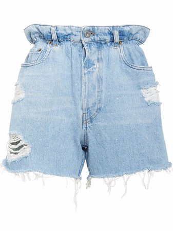 Shop Miu Miu distressed-effect paperbag-waist denim shorts with Express Delivery - FARFETCH