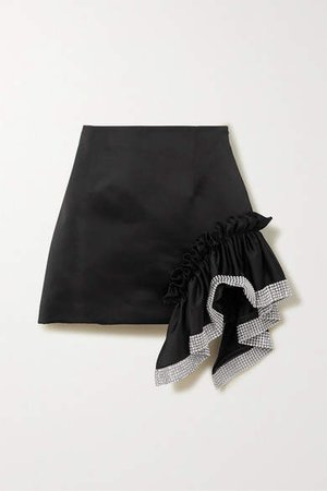 Crystal-embellished Ruffled Satin Mini Skirt - Black