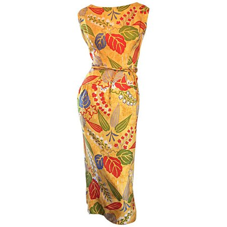 1950s Adele Simpson Vintage ' Leaves + Flowers ' Yellow Colorful Silk 50s Dress For Sale at 1stdibs